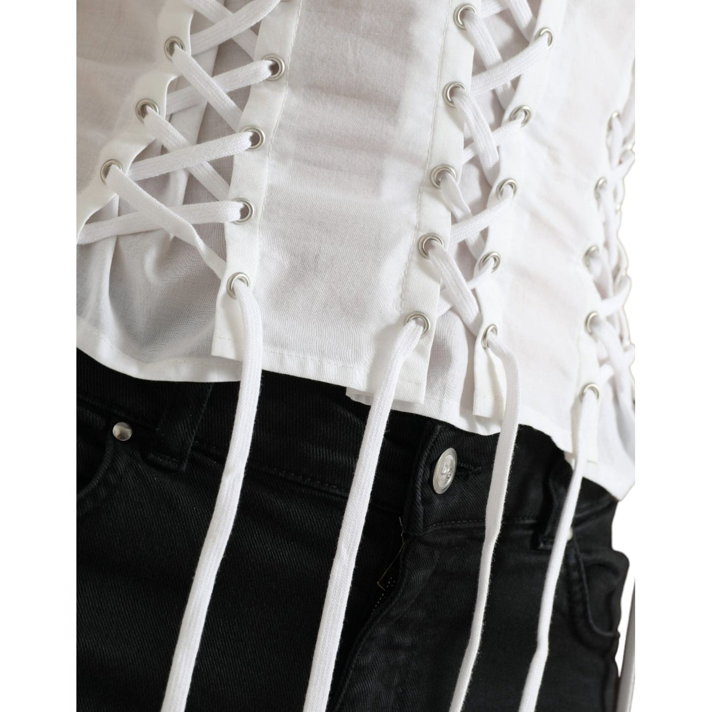 Dolce & Gabbana Elegant White Floral Lace-Up Blouse Dolce & Gabbana