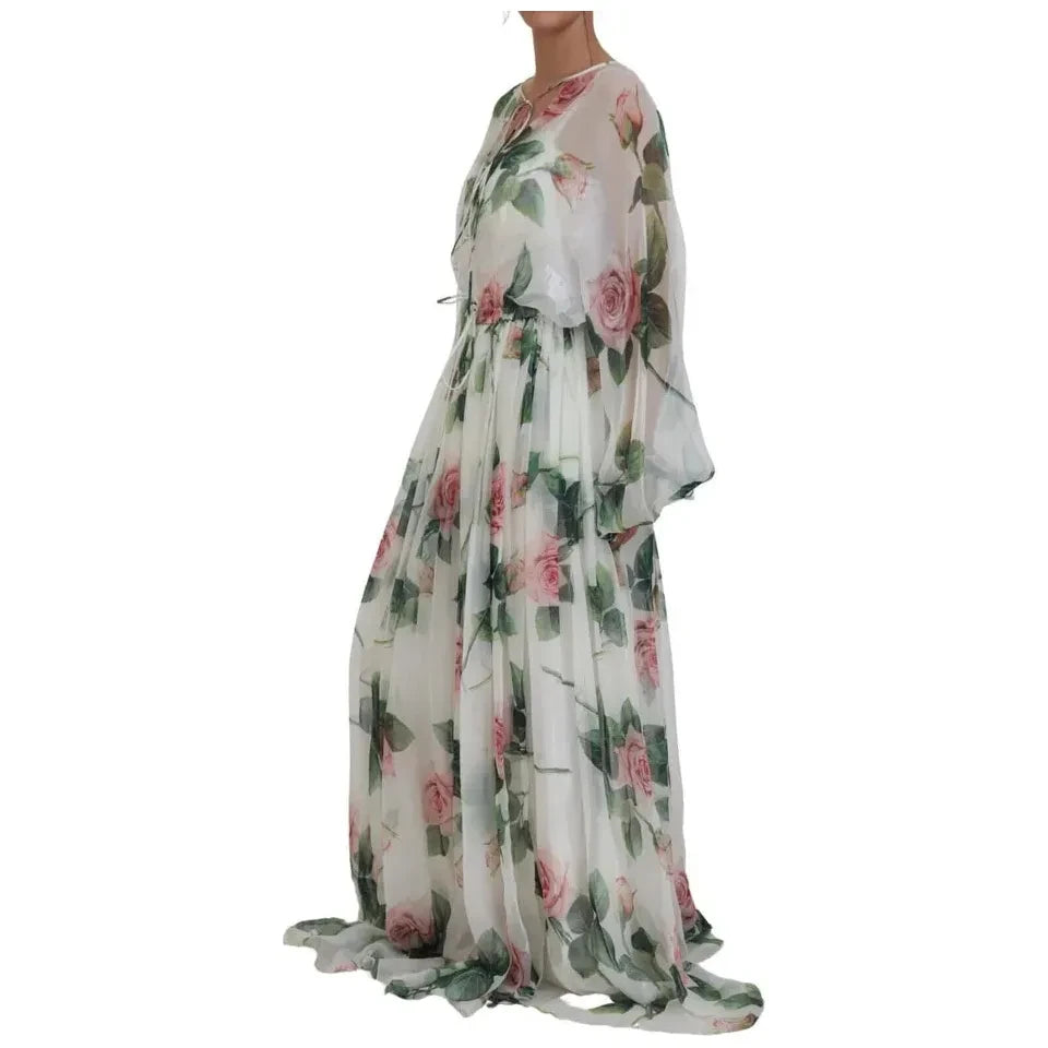 Dolce & Gabbana Elegant White Silk Maxi Dress with Pink Roses Dolce & Gabbana