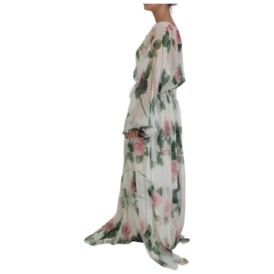 Dolce & Gabbana Elegant White Silk Maxi Dress with Pink Roses Dolce & Gabbana