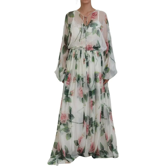 Dolce & Gabbana Elegant White Silk Maxi Dress with Pink Roses Dolce & Gabbana