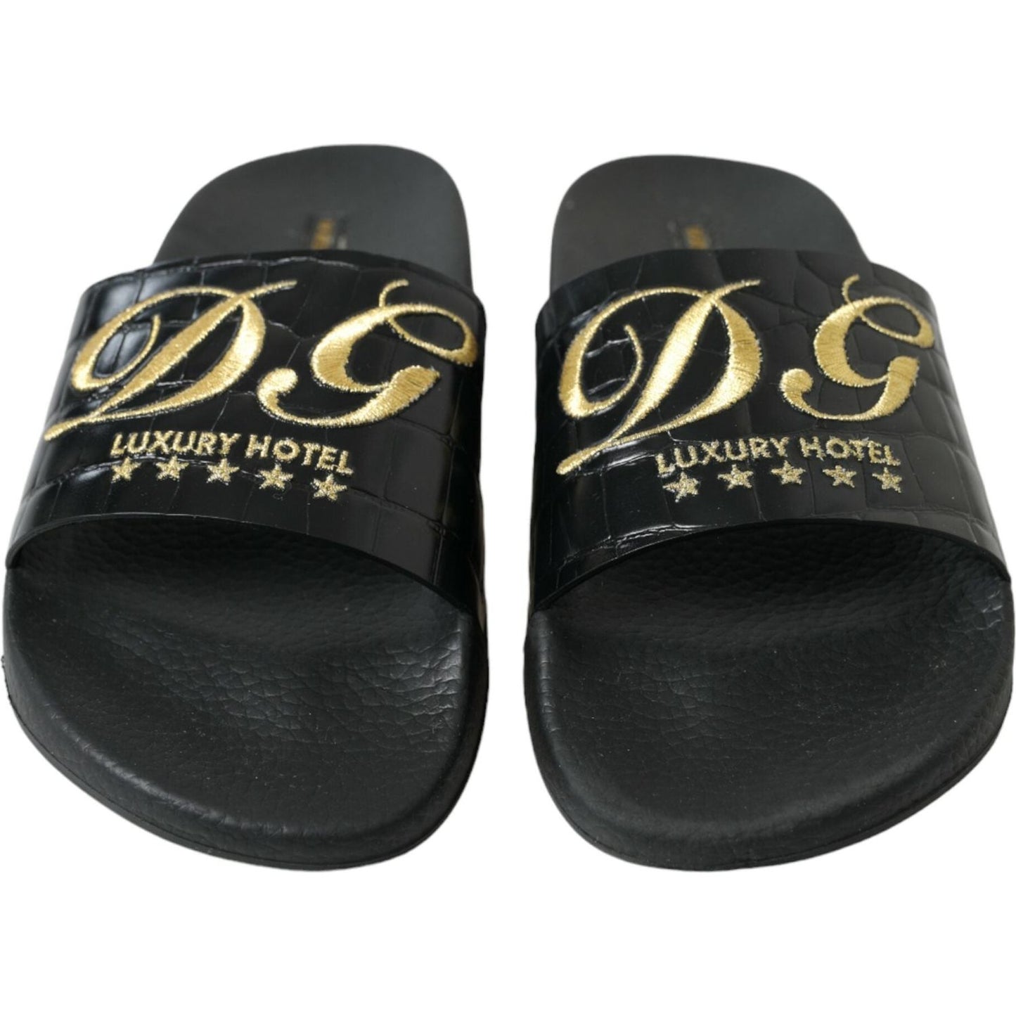 Dolce & Gabbana Elegant Black and Gold Leather Slides Dolce & Gabbana