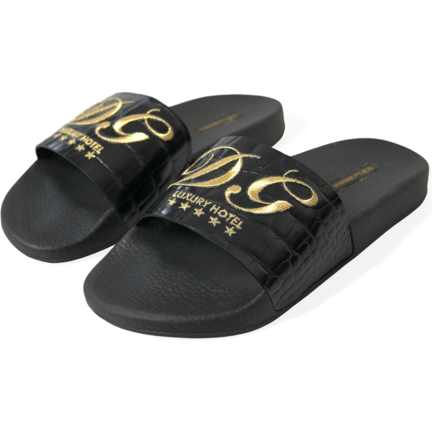 Dolce & Gabbana Elegant Black and Gold Leather Slides Dolce & Gabbana