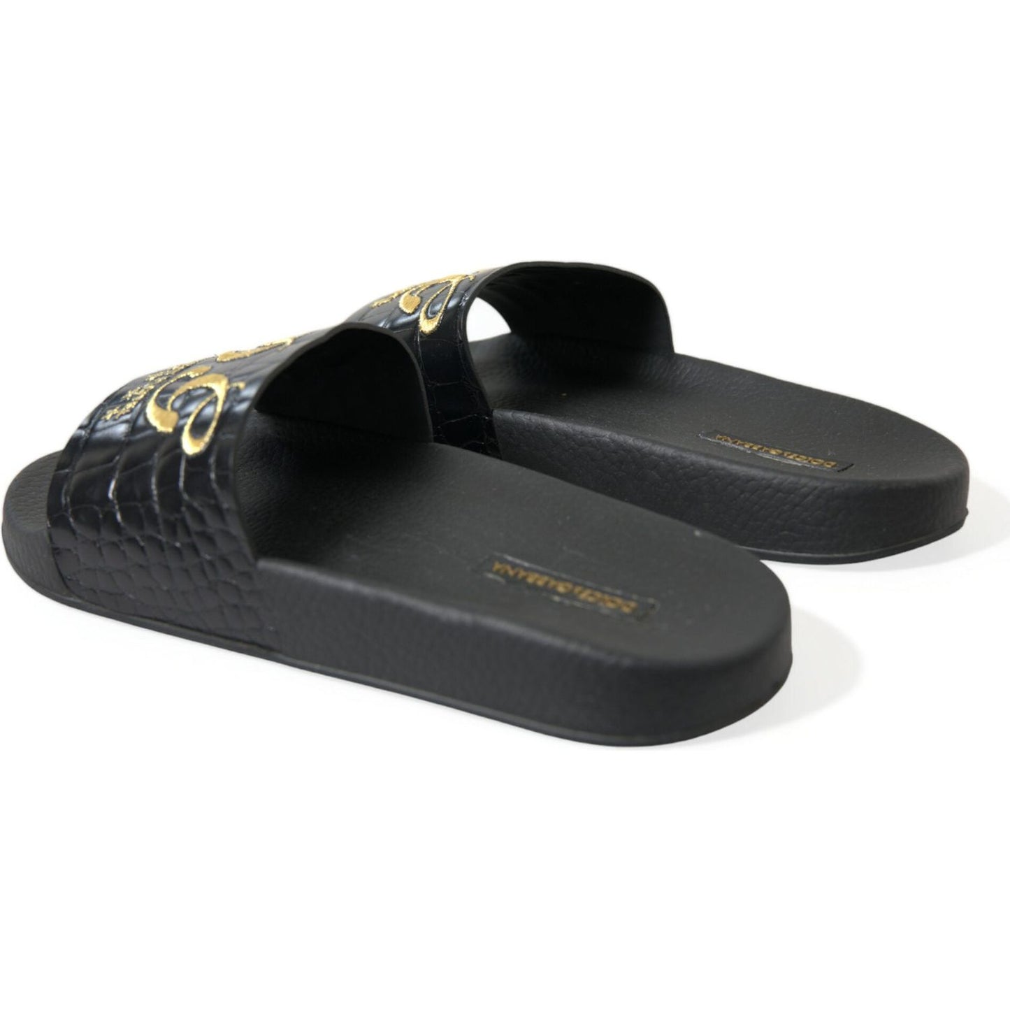 Dolce & Gabbana Elegant Black and Gold Leather Slides Dolce & Gabbana