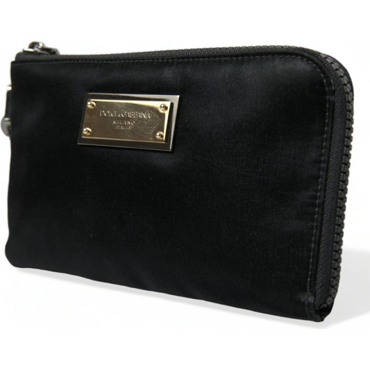 Dolce & Gabbana Elegant Black Nylon Leather Pouch with Silver Details Dolce & Gabbana