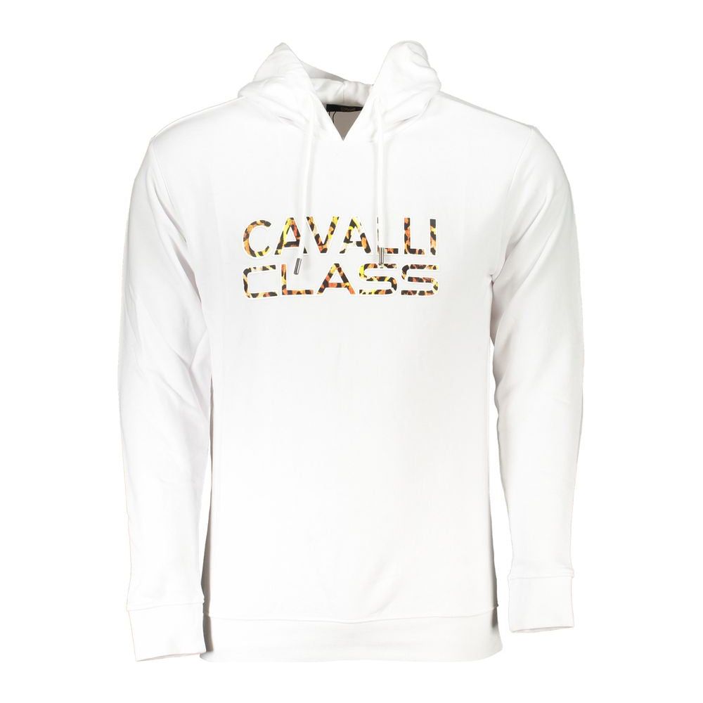 Cavalli Class Elegant White Hooded Sweatshirt with Logo Print Cavalli Class