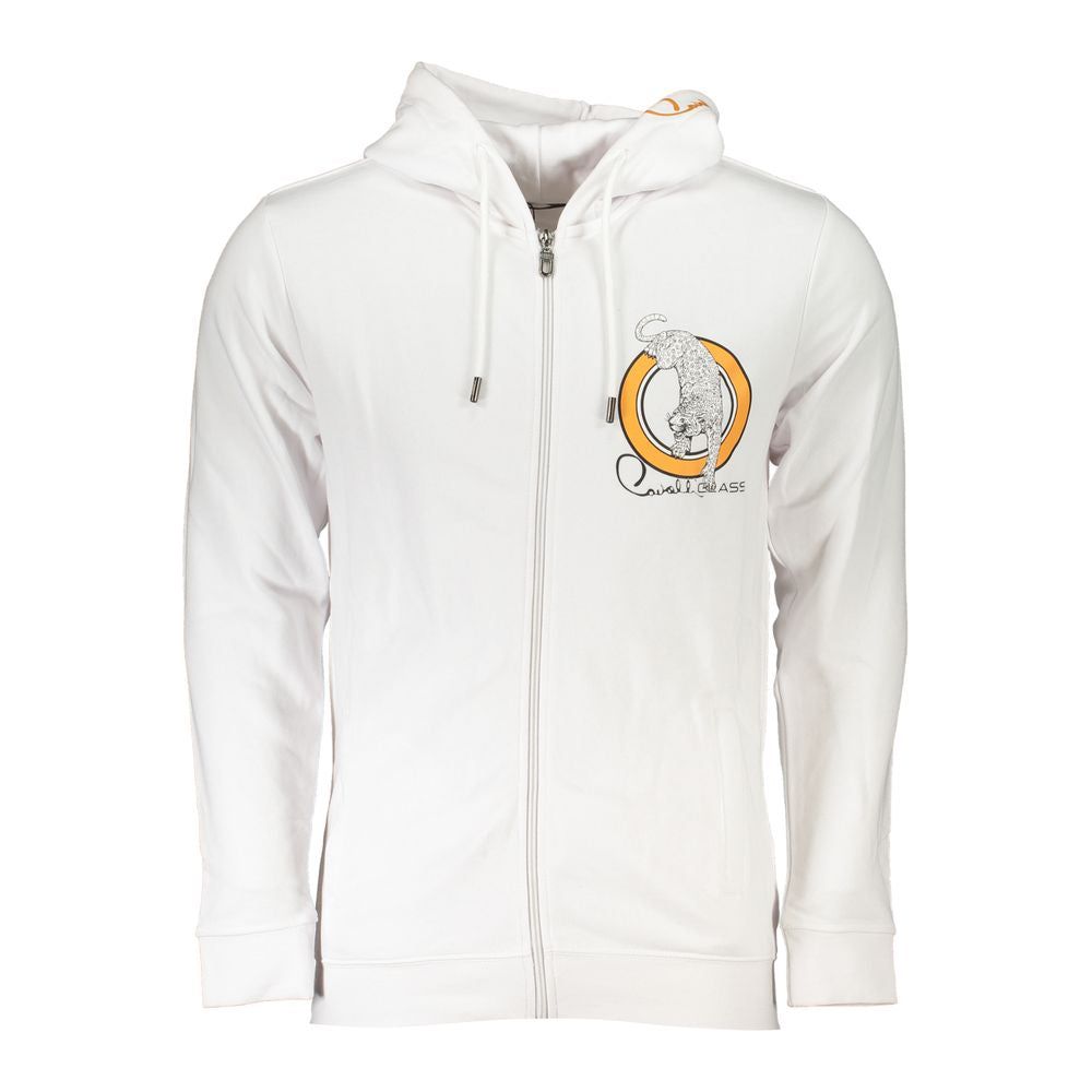 Cavalli Class Sleek White Designer Hoodie with Zip Detail Cavalli Class