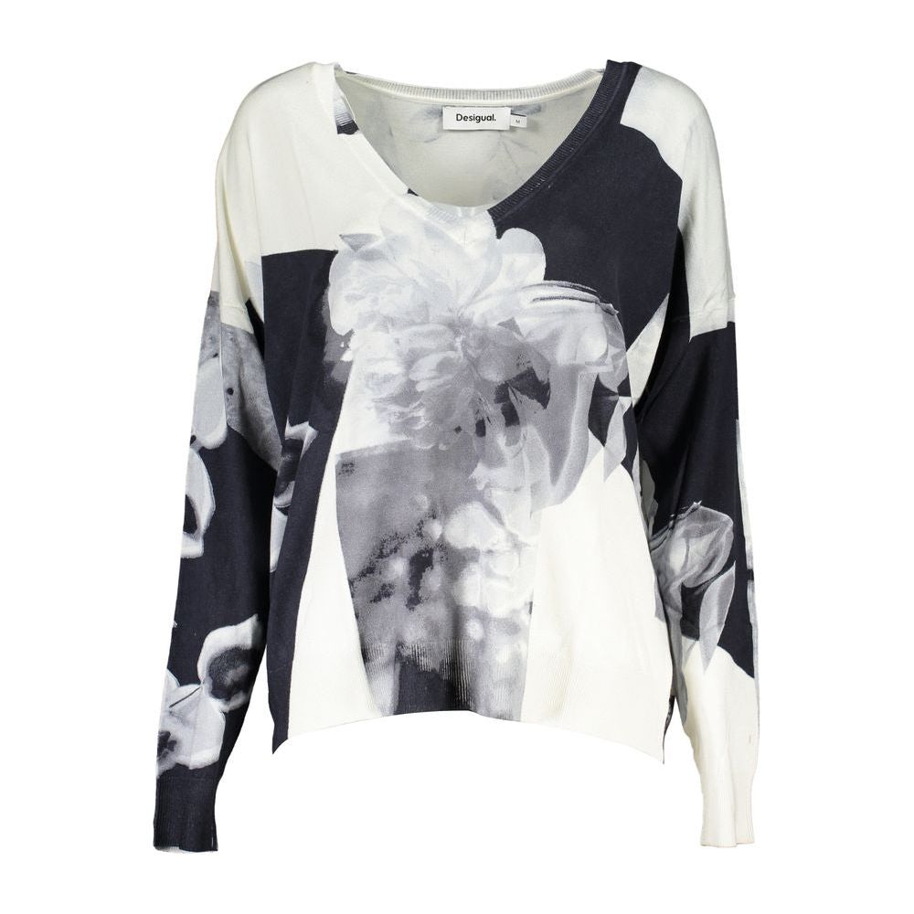 Desigual V-Neck Contrast Detail Sweater in White Desigual