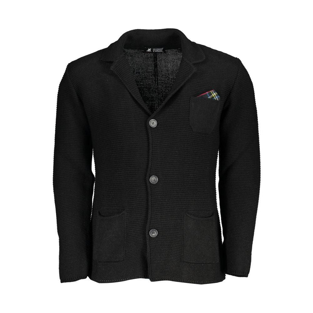 U.S. Grand Polo Elegant Black Cardigan with Subtle Logo Detail U.S. Grand Polo