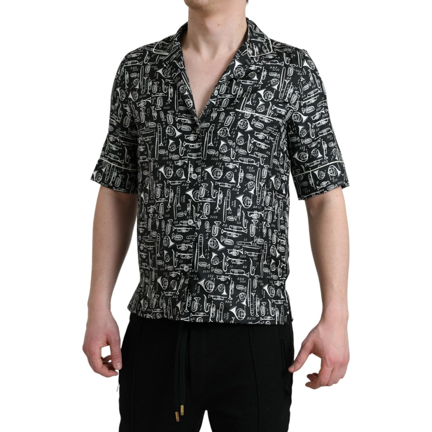 Dolce & Gabbana Elegant Silk Polo T-Shirt with Trumpet Print Dolce & Gabbana