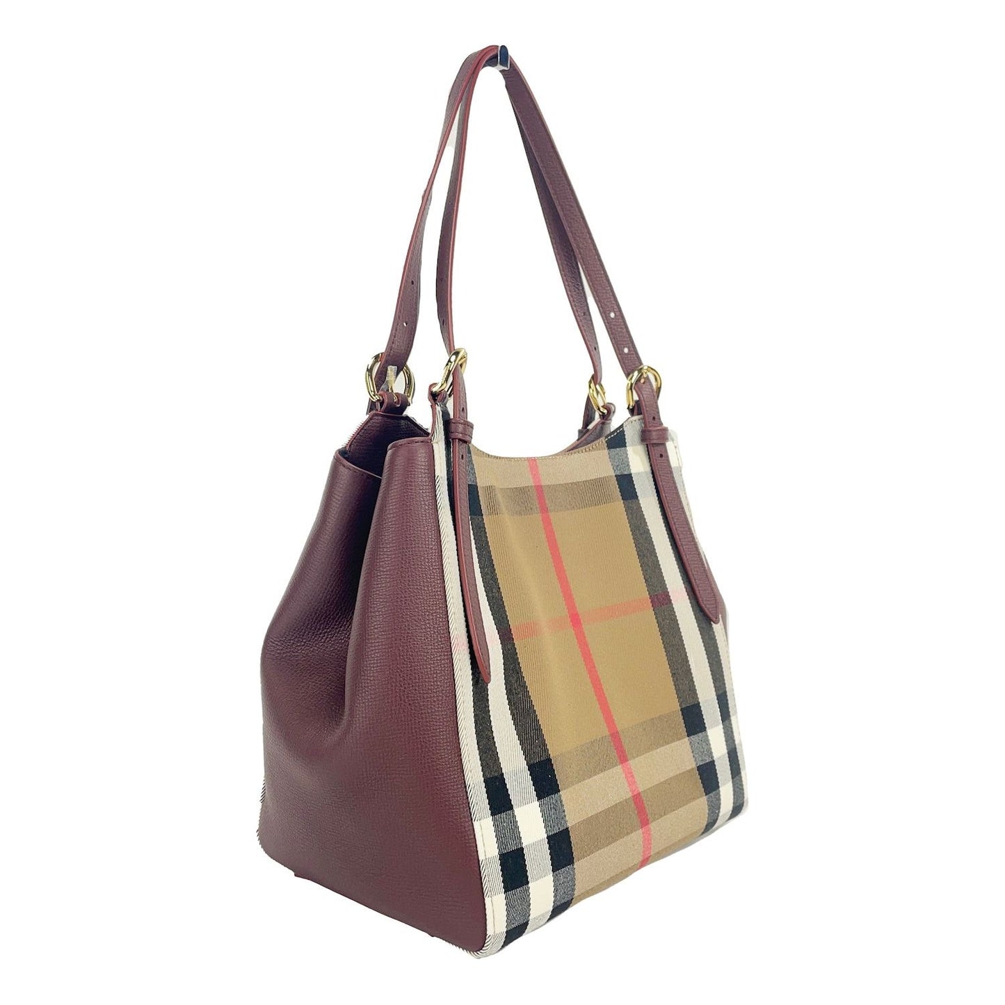 Burberry Small Canterby Mahogany Leather Check Canvas Tote Bag Purse Burberry