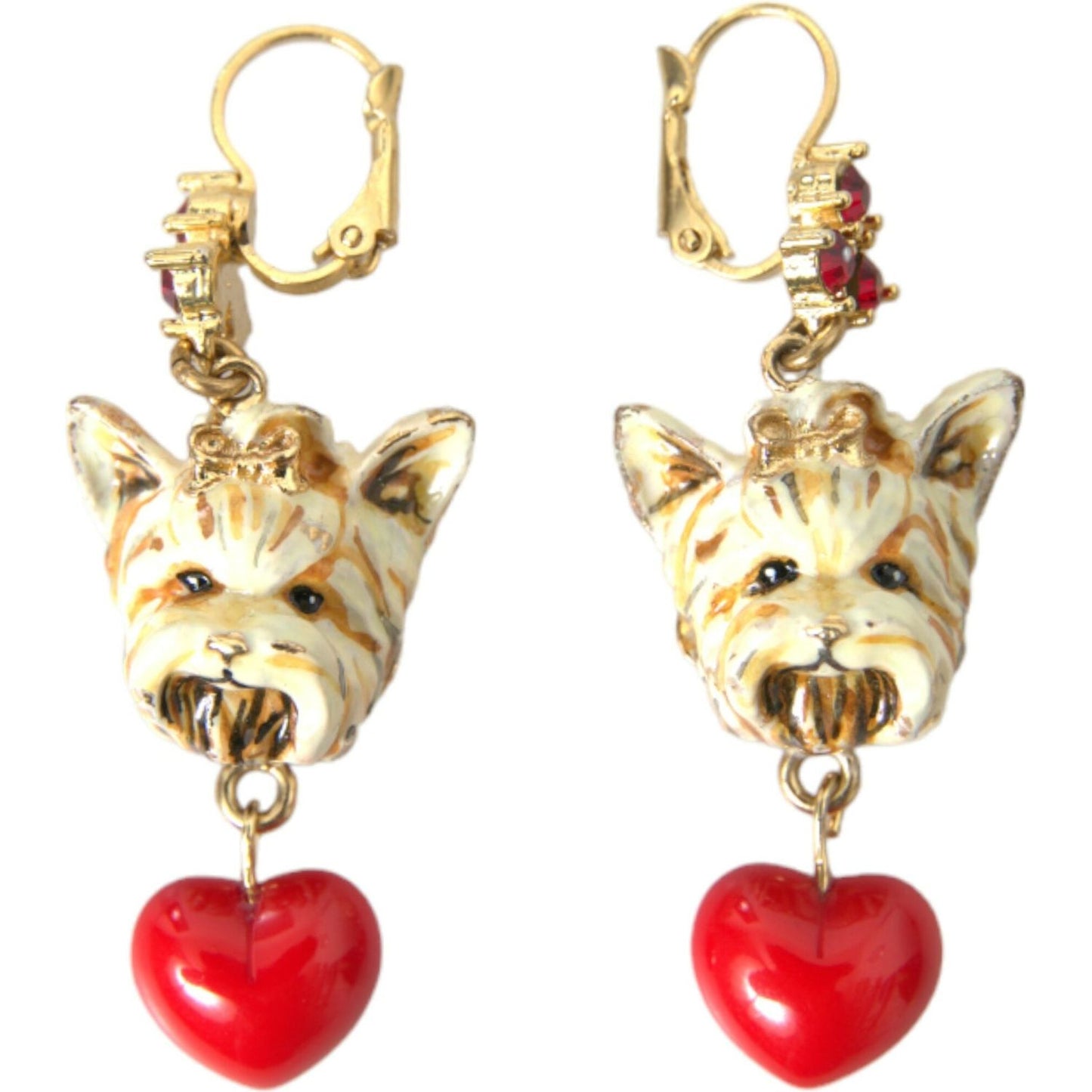 Dolce & Gabbana Gold Brass Heart Dog Red Crystal Dangling Earrings Dolce & Gabbana