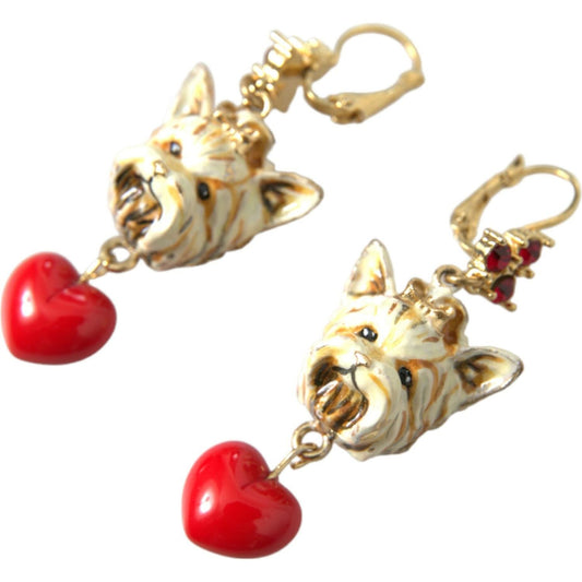 Dolce & Gabbana Gold Brass Heart Dog Red Crystal Dangling Earrings Dolce & Gabbana