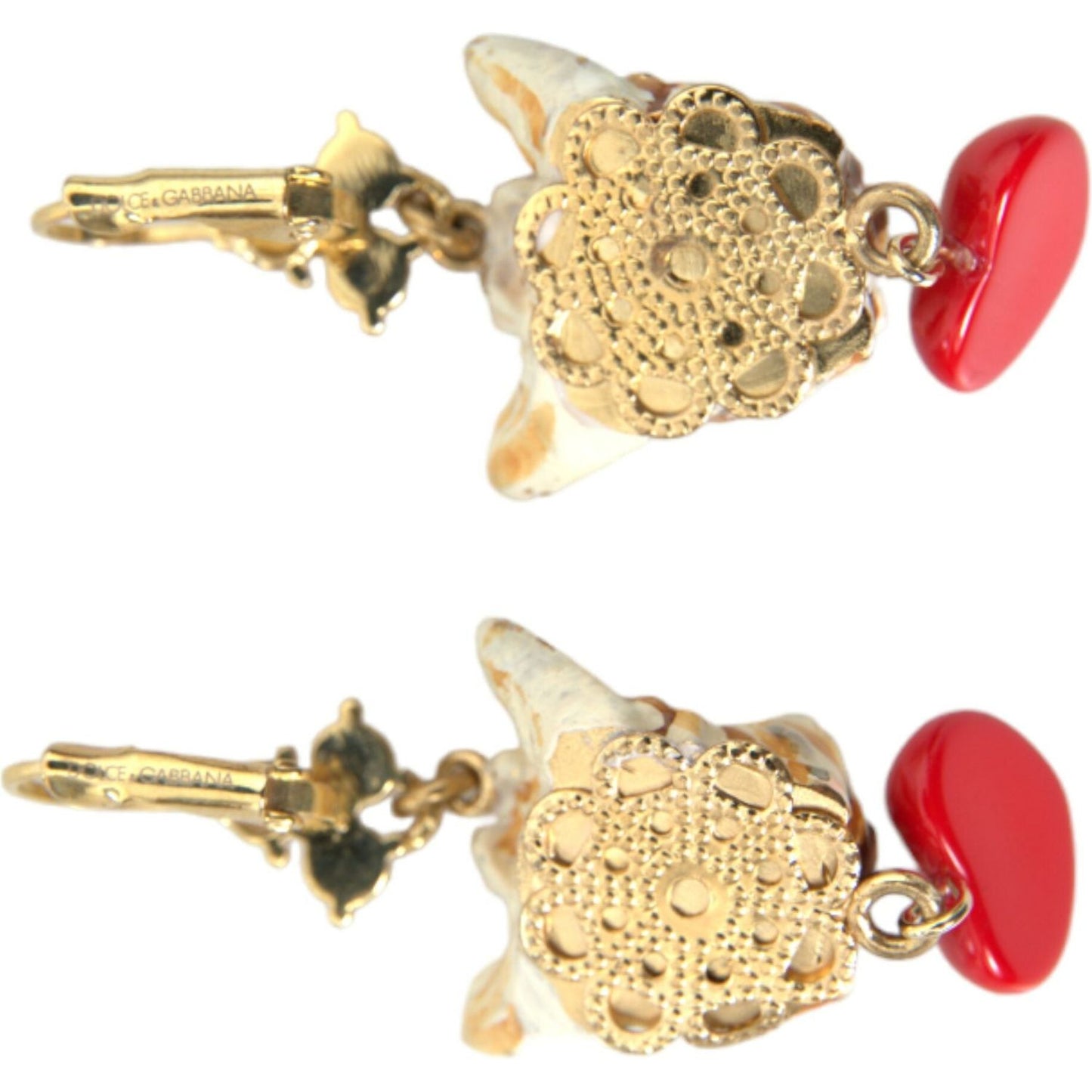 Dolce & Gabbana Gold Brass Heart Dog Red Crystal Dangling Earrings Dolce & Gabbana