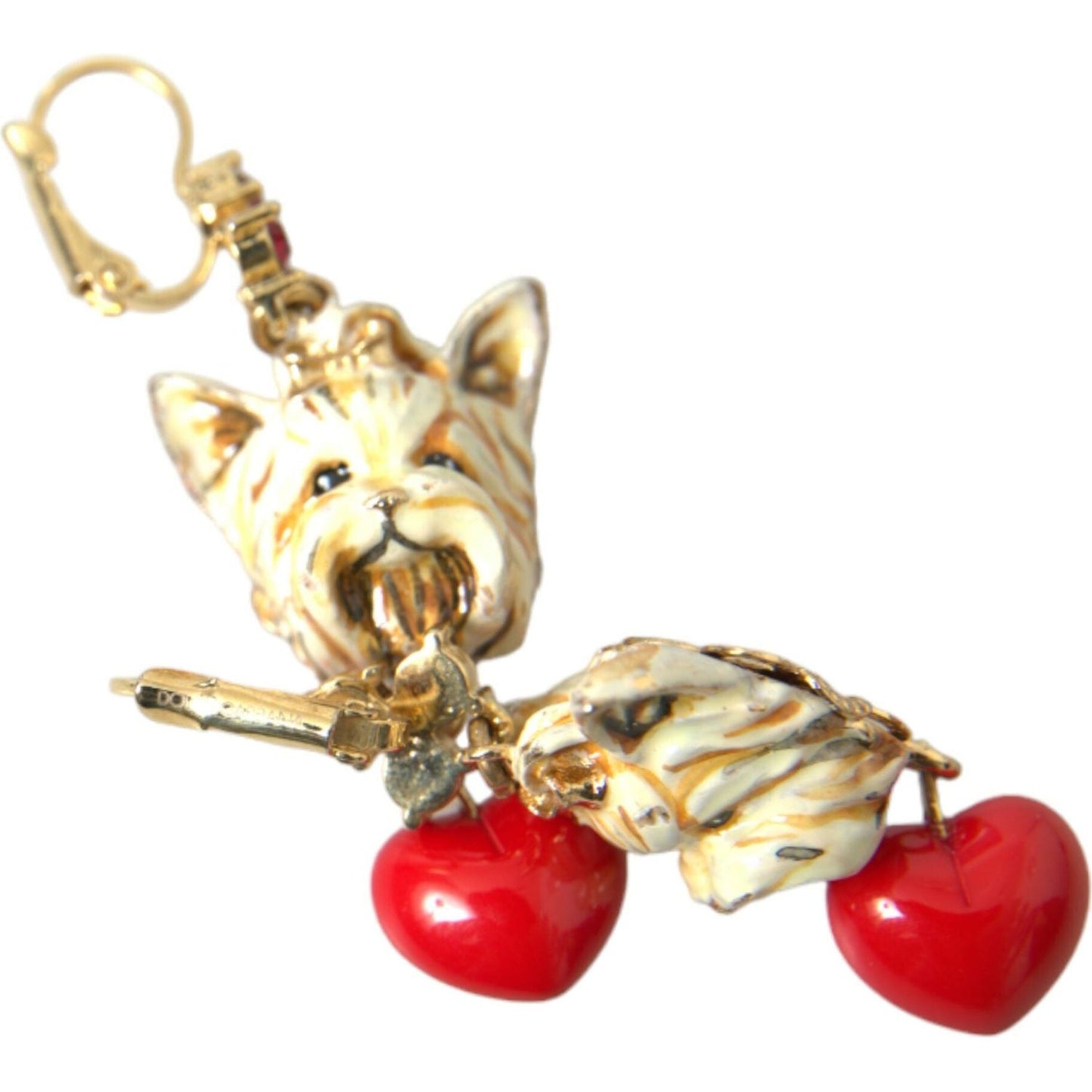 Dolce & Gabbana Gold Brass Heart Dog Red Crystal Dangling Earrings Dolce & Gabbana