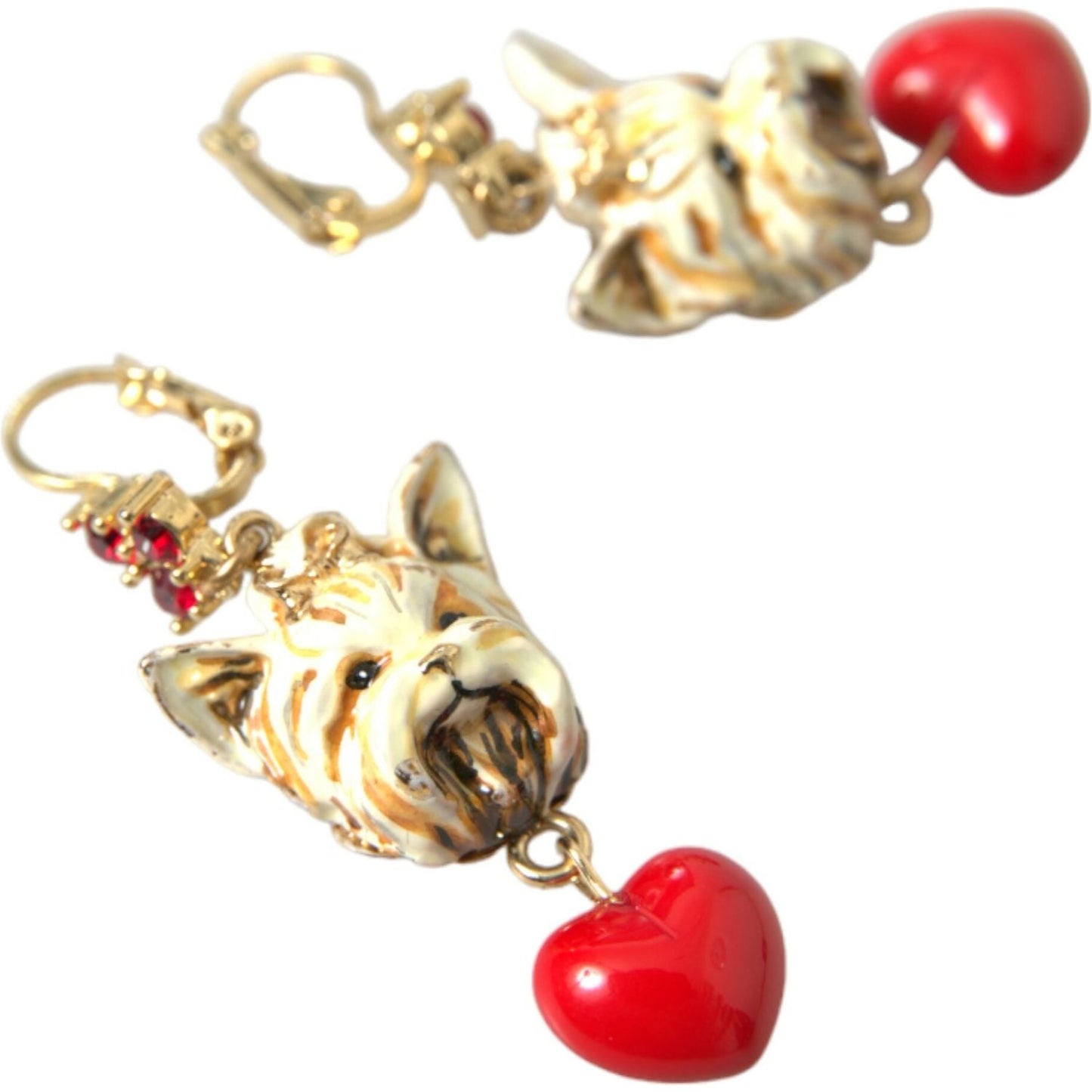 Dolce & Gabbana Gold Brass Heart Dog Red Crystal Dangling Earrings Dolce & Gabbana