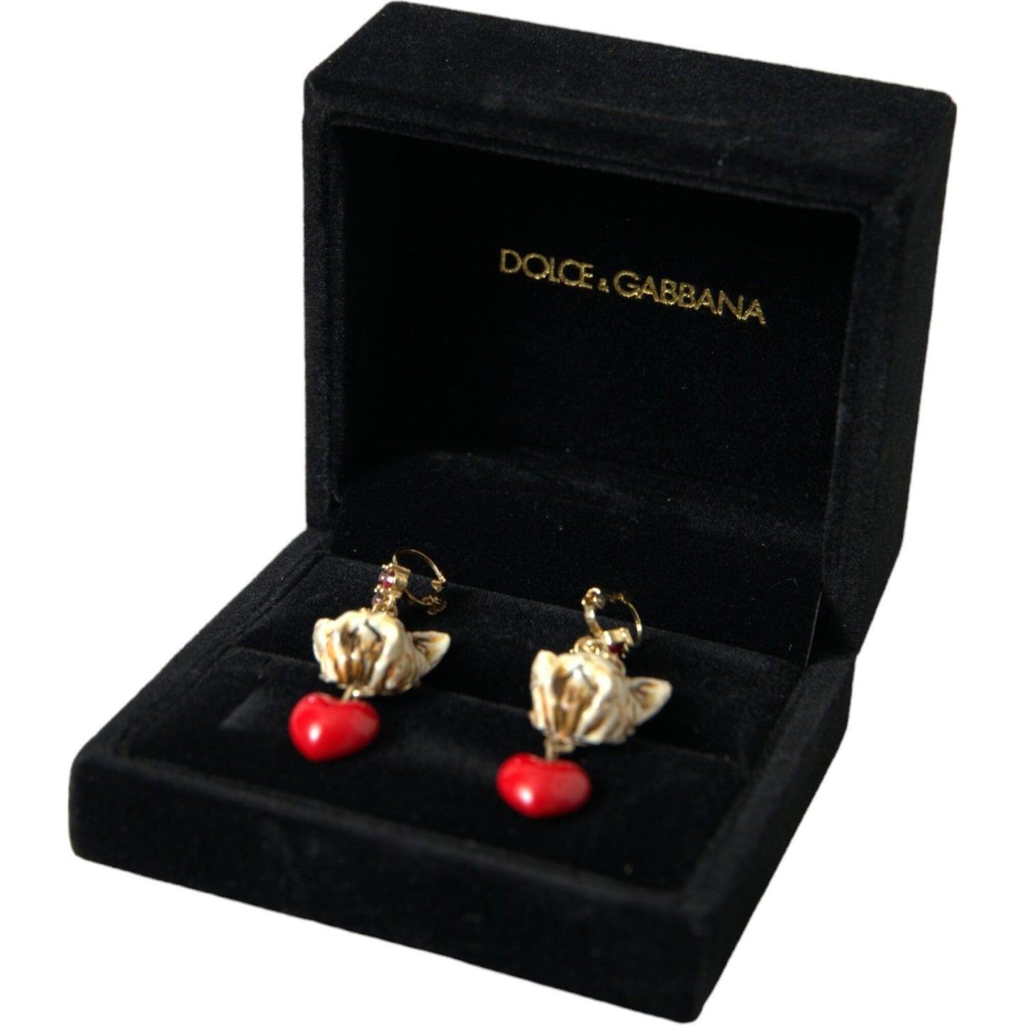 Dolce & Gabbana Gold Brass Heart Dog Red Crystal Dangling Earrings Dolce & Gabbana