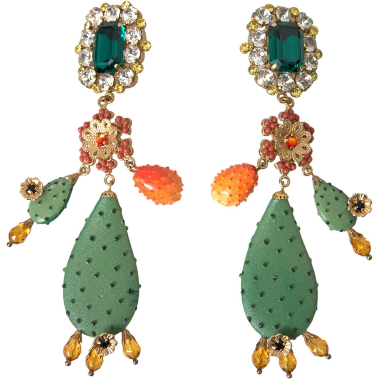 Dolce & Gabbana Green Cactus Crystal Clip On Jewelry Dangling Earrings Dolce & Gabbana