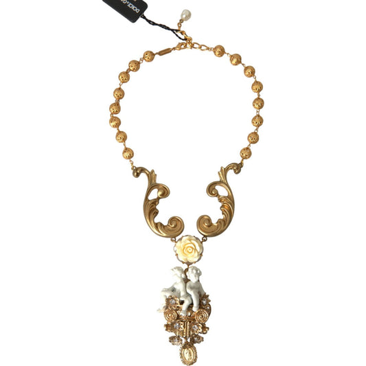 Dolce & Gabbana Gold Brass Angel Floral Beaded Embellished Necklace Dolce & Gabbana