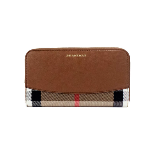 Burberry Elmore Tan Grainy Leather House Check Canvas Continental Clutch Wallet Burberry