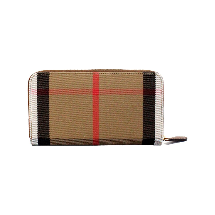 Burberry Elmore Tan Grainy Leather House Check Canvas Continental Clutch Wallet Burberry