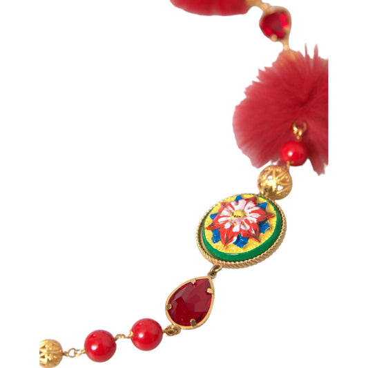 Dolce & Gabbana Gold Brass Red Fur Crystal Carretto Chain Necklace Dolce & Gabbana