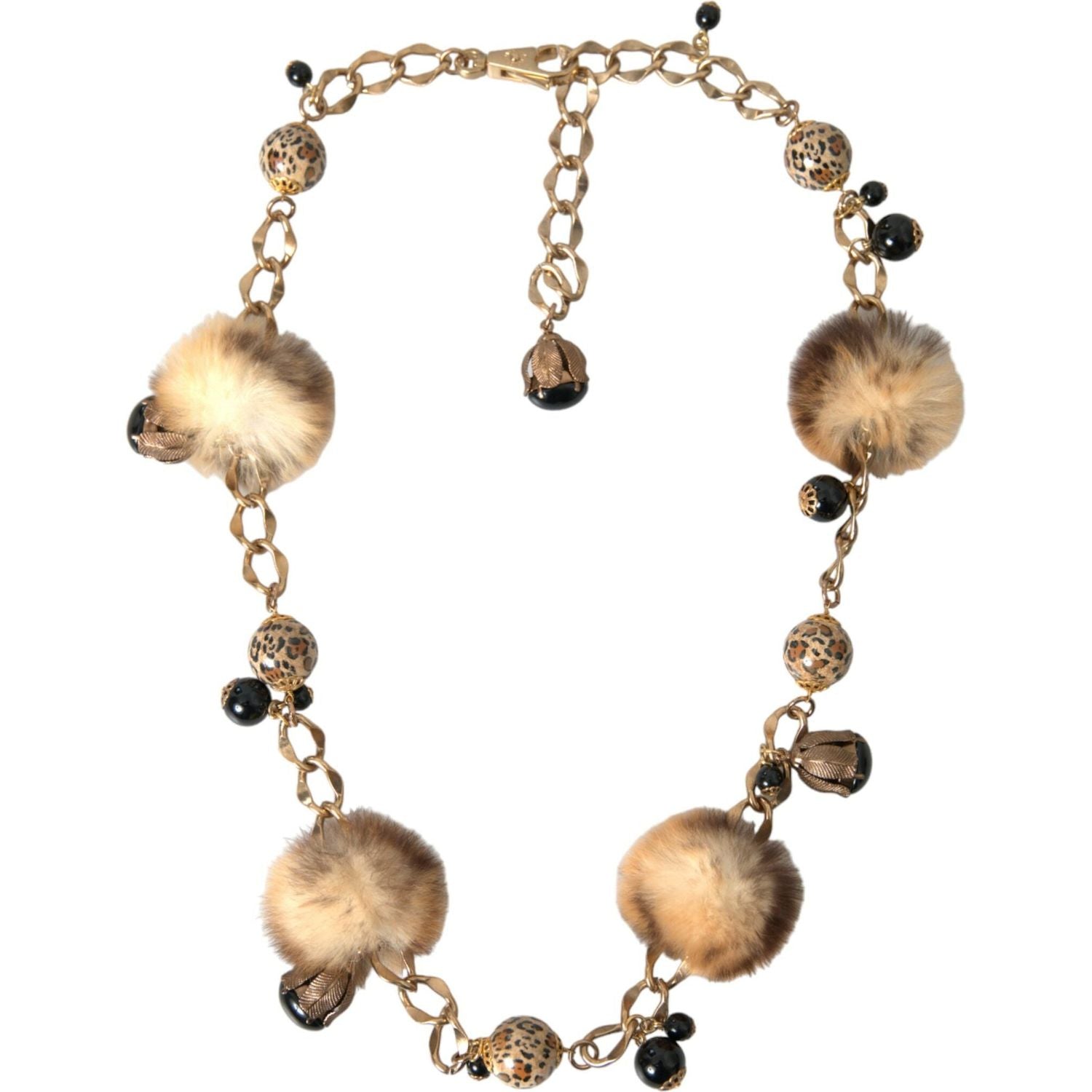 Dolce & Gabbana Gold Brass Leopard Fur Pearl Collier Chain Belt