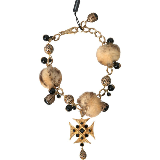 Dolce & Gabbana Gold Black Crystals Lapin Fur Filigree Chocker Necklace Dolce & Gabbana