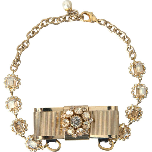 Dolce & Gabbana Gold Brass Clear Crystal Bow Chain Choker Necklace Necklace Dolce & Gabbana