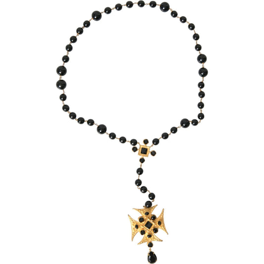 Dolce & Gabbana Gold Tone Brass Cross Black Beaded Chain Rosary Necklace Dolce & Gabbana