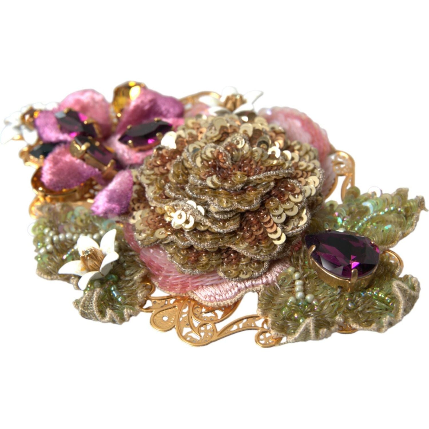 Dolce & Gabbana Gold Brass Floral Crystal Sequined Hair Clip