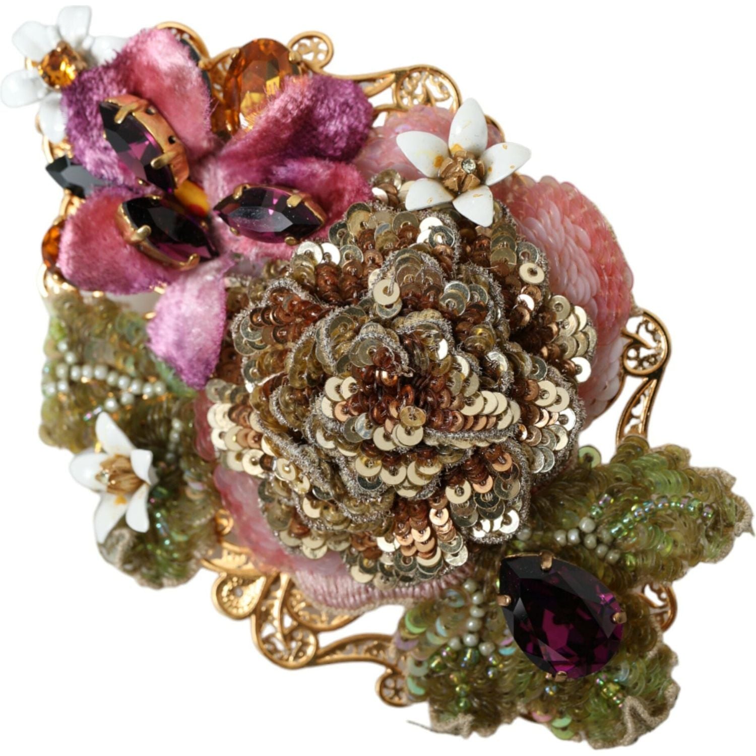 Dolce & Gabbana Gold Brass Floral Crystal Sequined Hair Clip