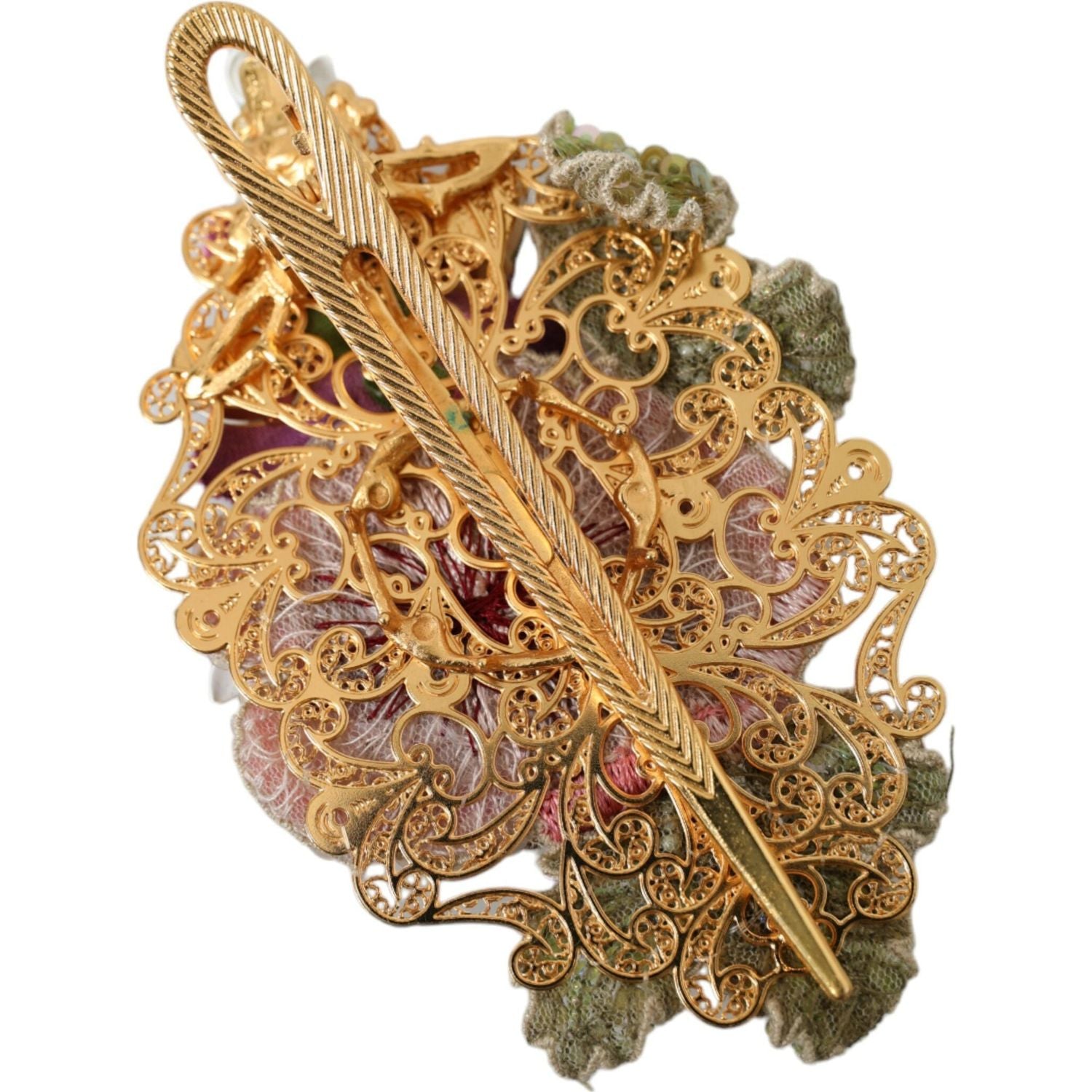 Dolce & Gabbana Gold Brass Floral Crystal Sequined Hair Clip