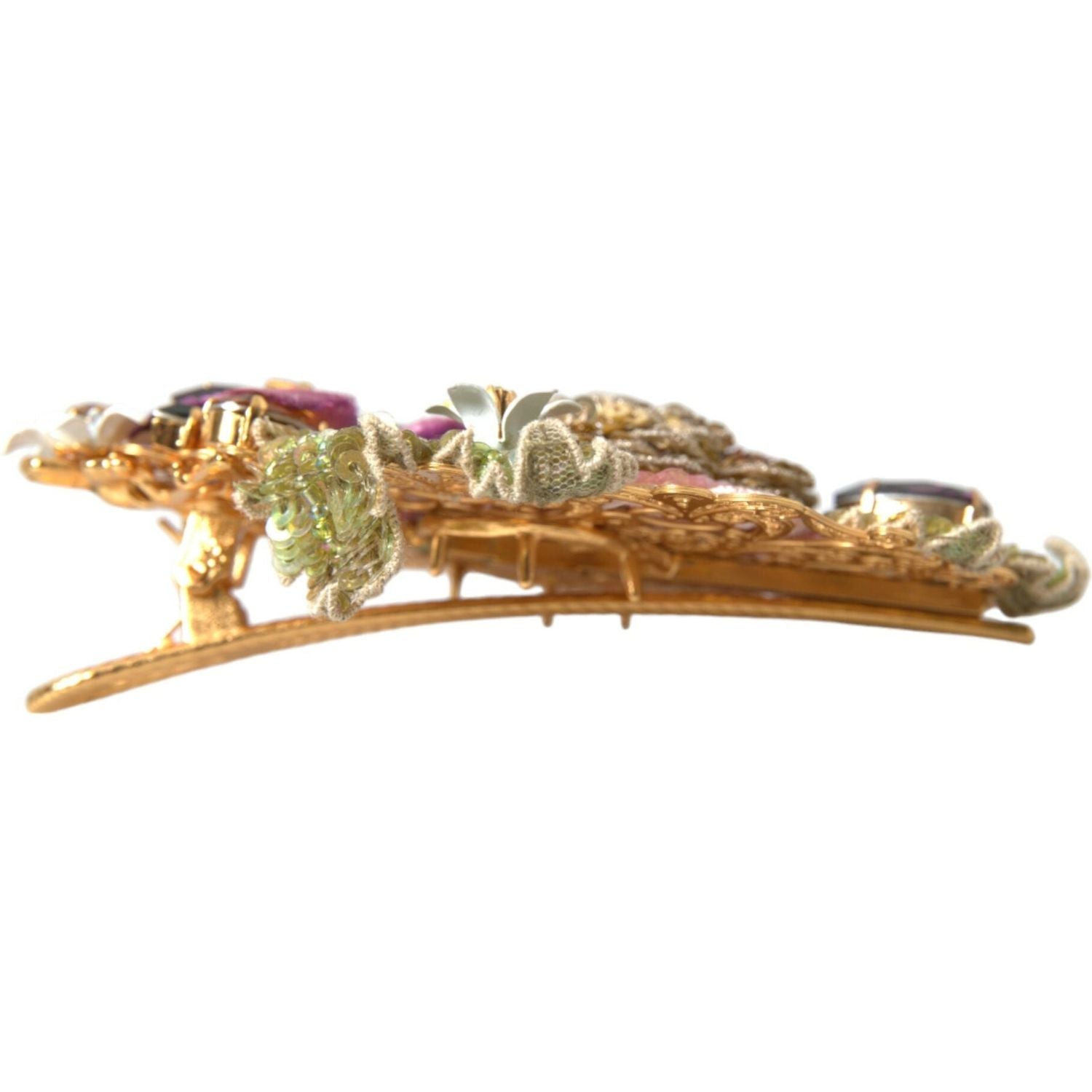 Dolce & Gabbana Gold Brass Floral Crystal Sequined Hair Clip