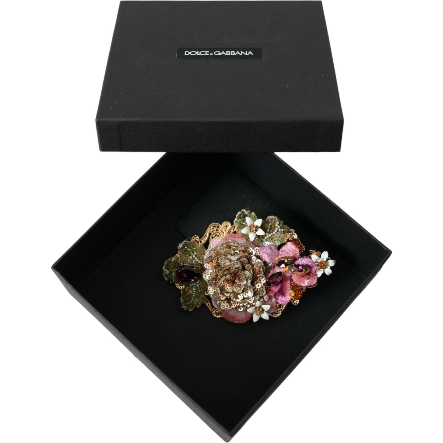 Dolce & Gabbana Gold Brass Floral Crystal Sequined Hair Clip