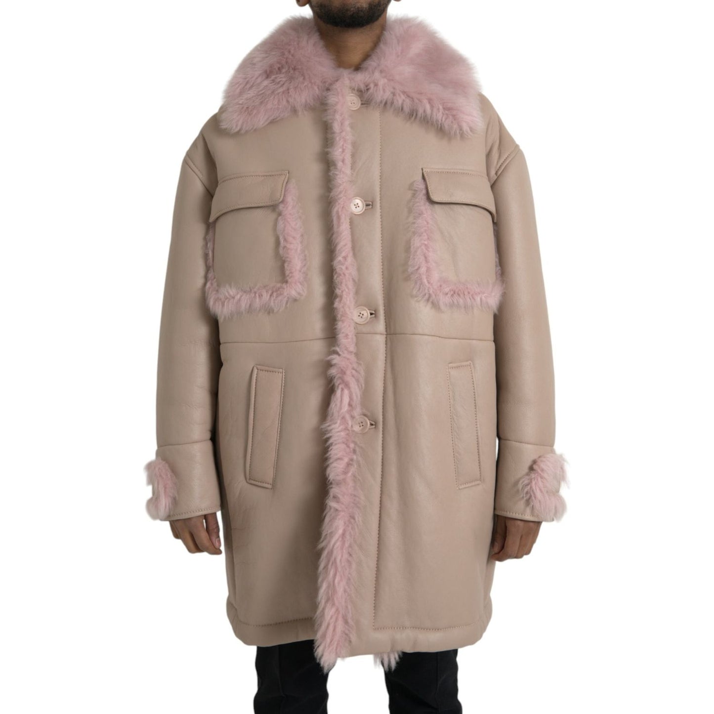 Dolce & Gabbana Beige Pink Lamb Leather Shearling Coat Jacket Dolce & Gabbana