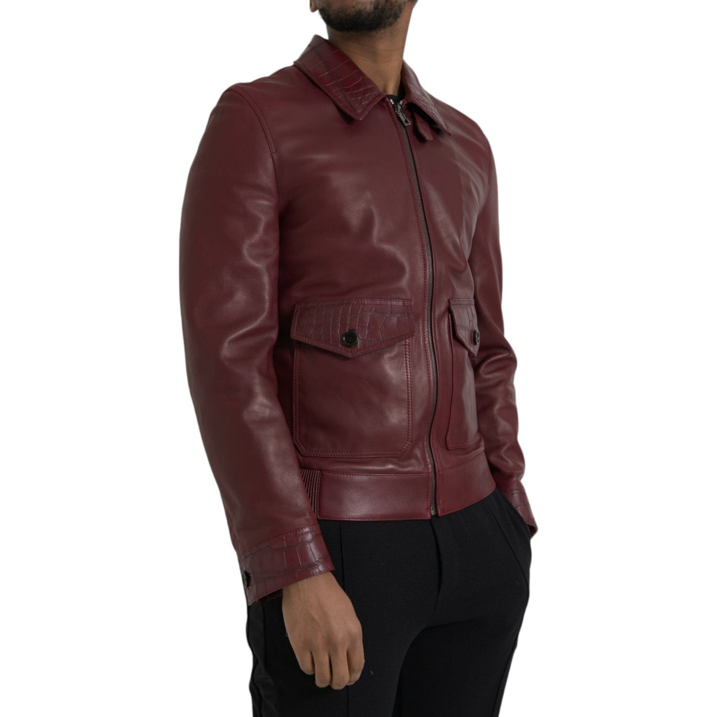 Dolce & Gabbana Maroon Exotic Leather Zip Biker Coat Jacket Dolce & Gabbana