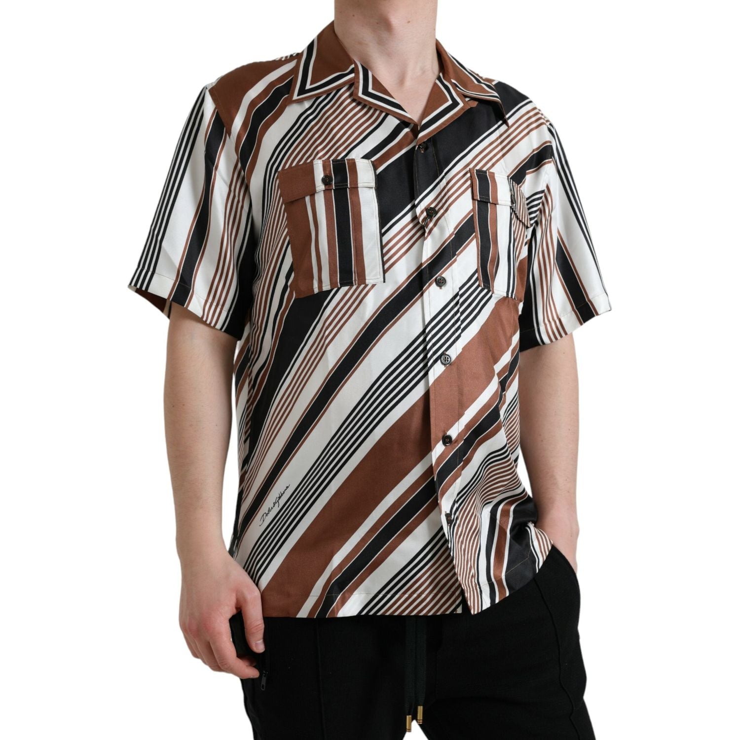 Dolce & Gabbana Brown White Silk Striped Short Sleeve Shirt