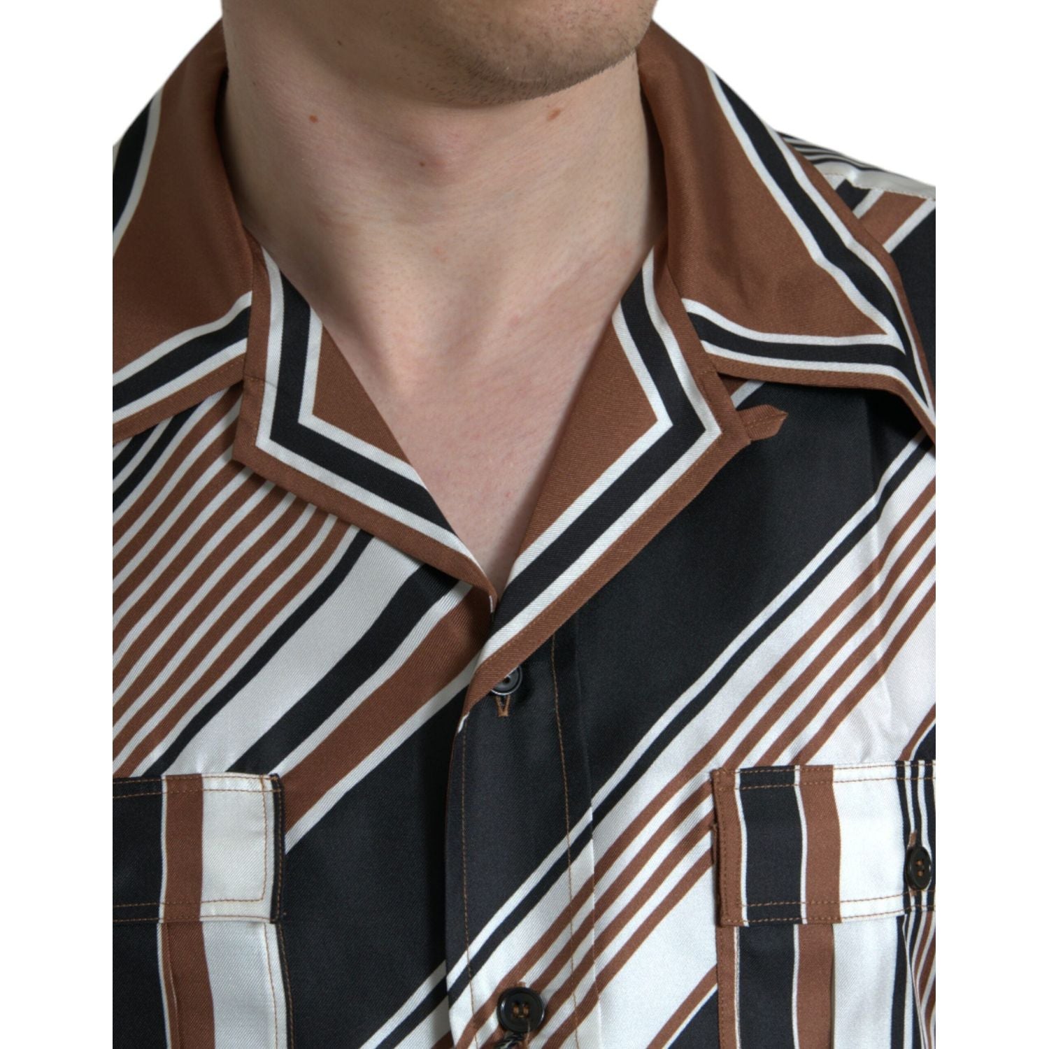 Dolce & Gabbana Brown White Silk Striped Short Sleeve Shirt