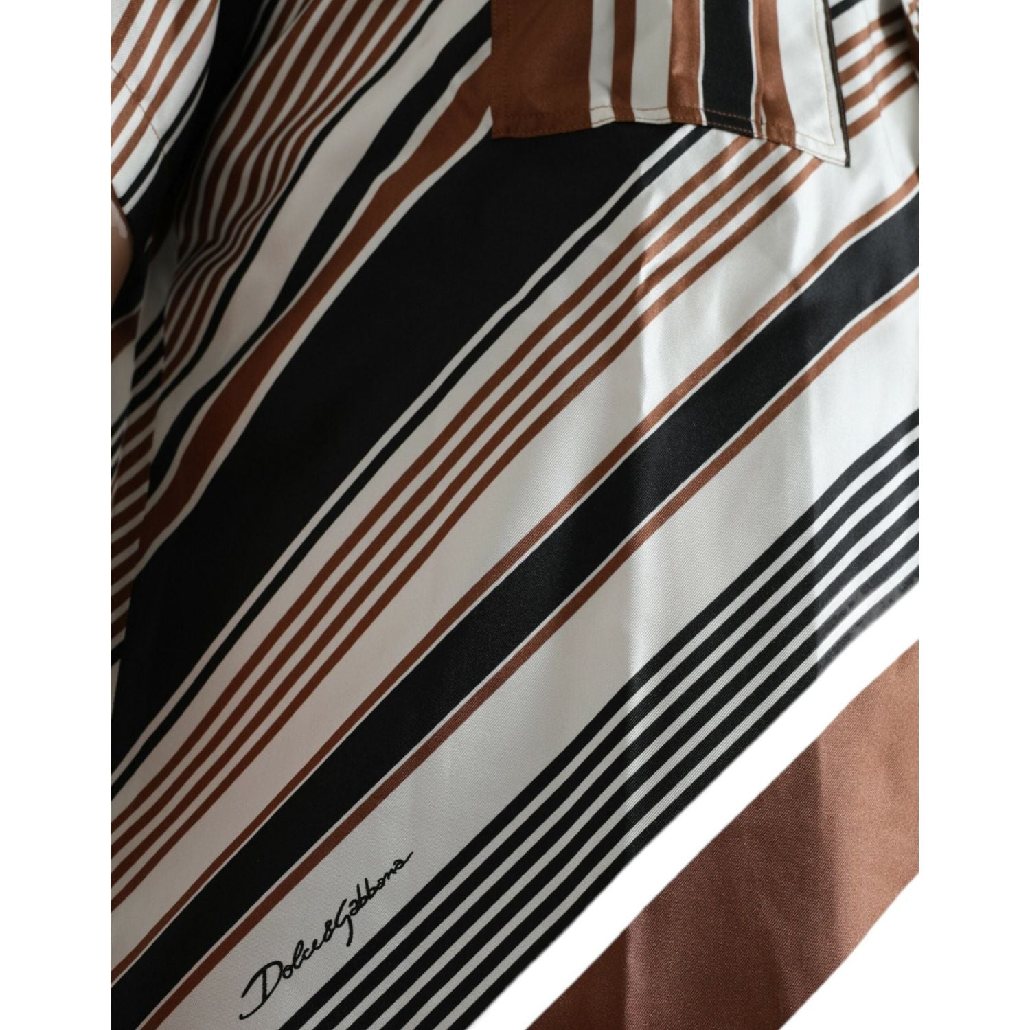 Dolce & Gabbana Brown White Silk Striped Short Sleeve Shirt