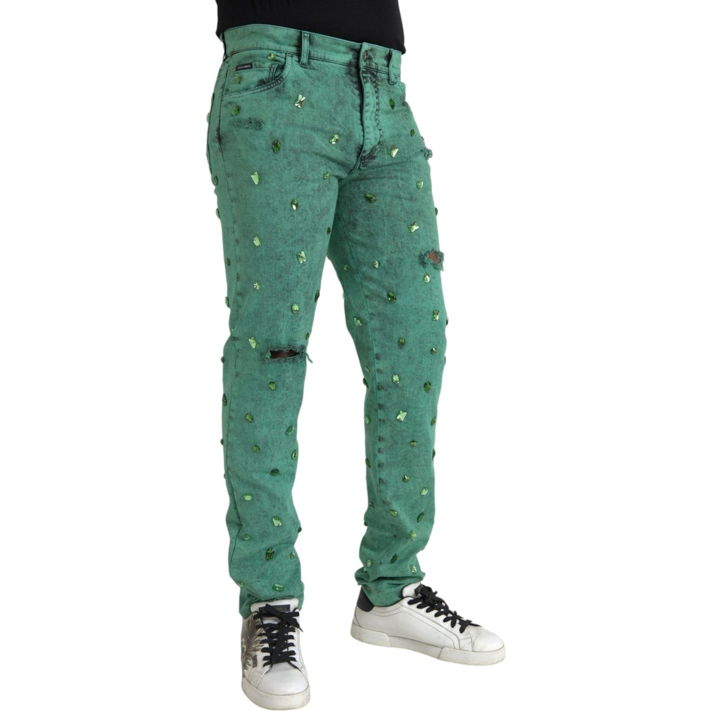 Dolce & Gabbana Green Crystals Cotton Stretch Slim Jeans Dolce & Gabbana