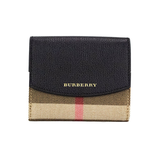 Burberry Luna Black Grained Leather House Check Canvas Coin Pouch Snap Wallet Burberry