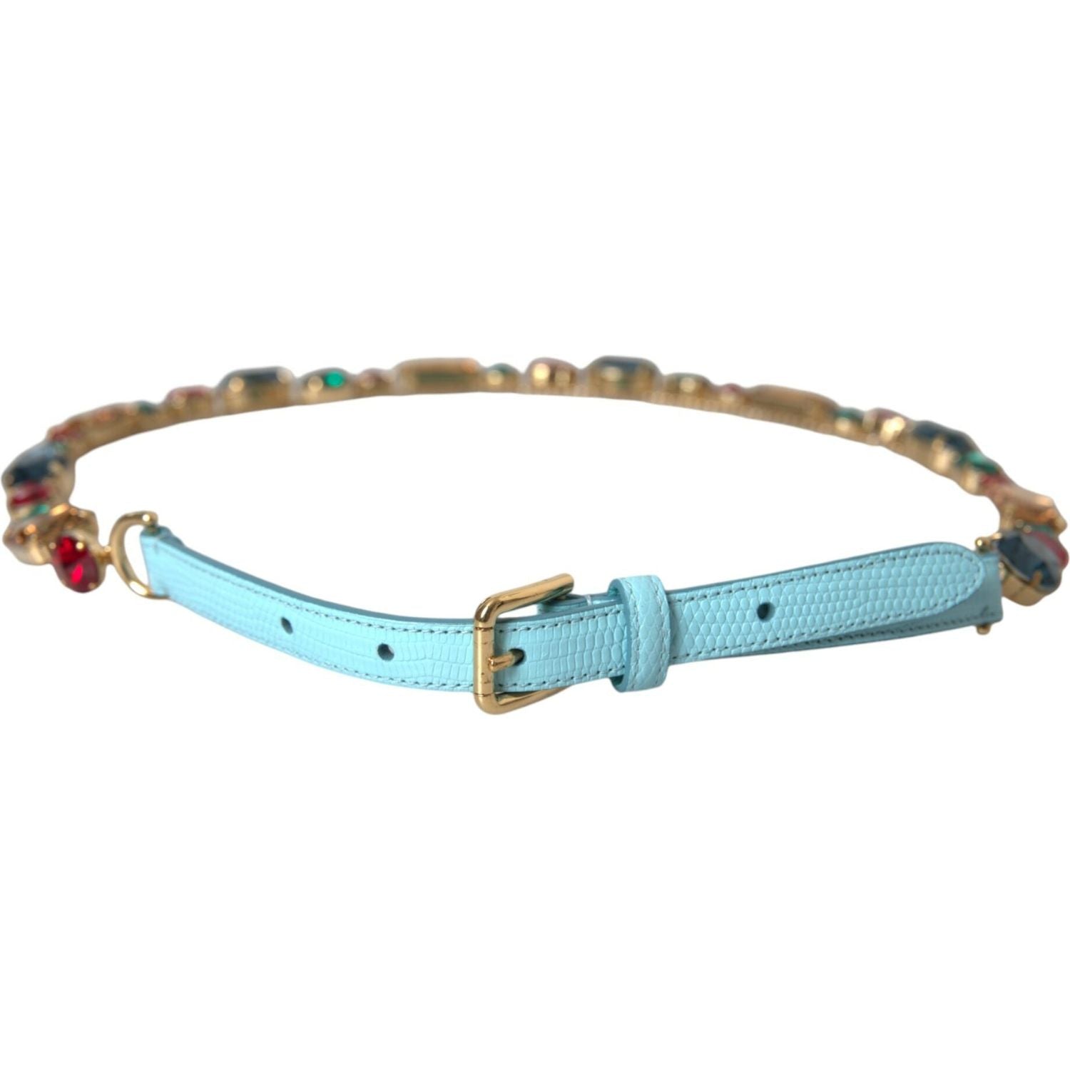 Dolce & Gabbana Light Blue Leather Crystal Chain Waist Belt