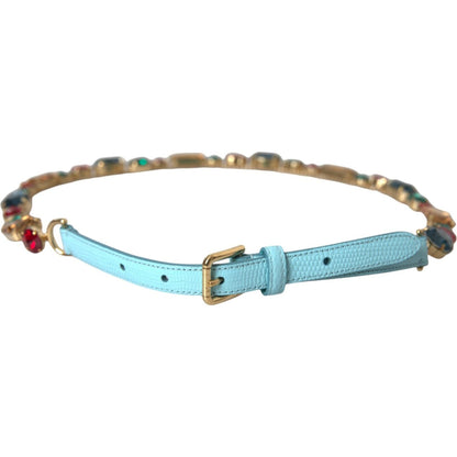 Dolce & Gabbana Light Blue Leather Crystal Chain Waist Belt Dolce & Gabbana