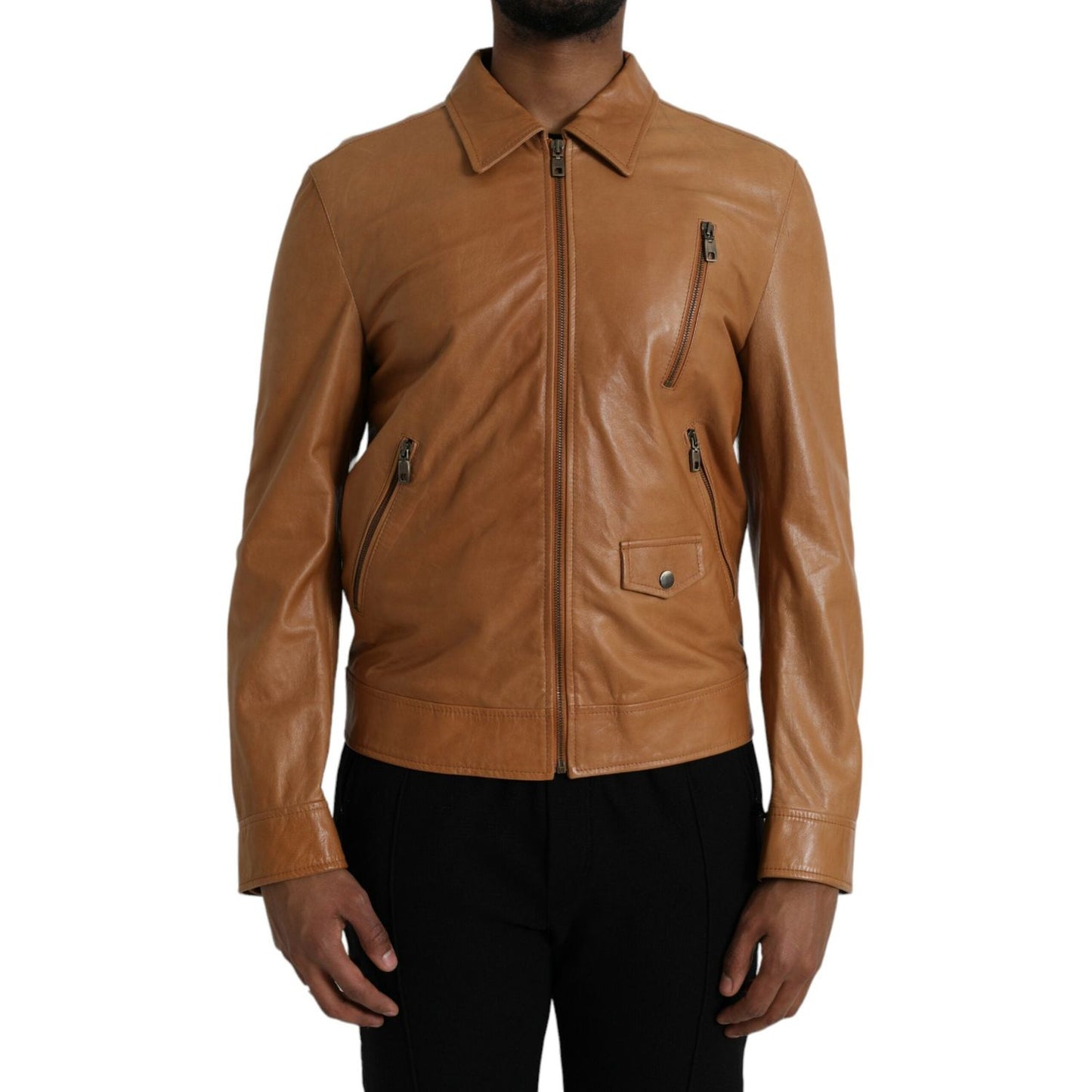 Dolce & Gabbana Brown Lamb Leather Full Zip Blouson Jacket Dolce & Gabbana