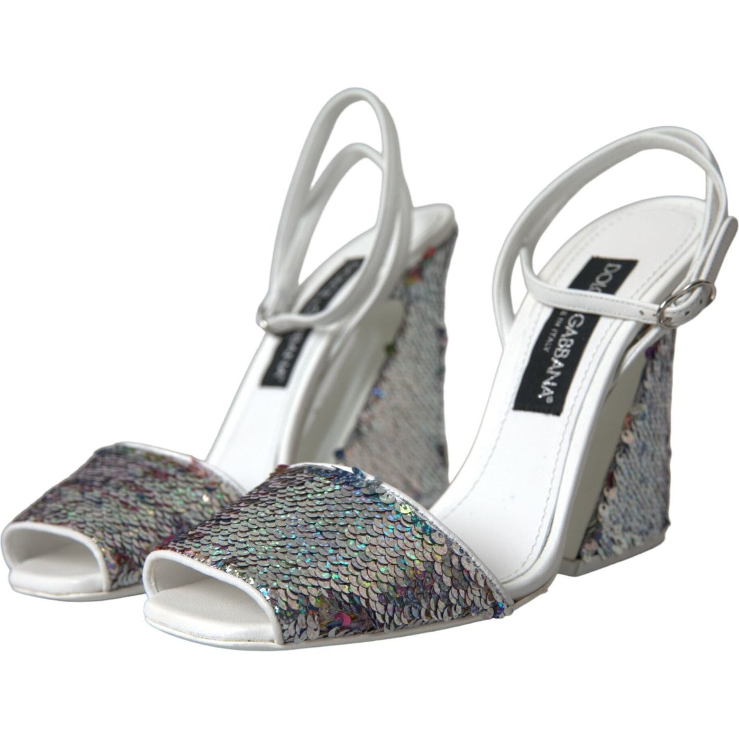 Dolce & Gabbana White Silver Sequin Ankle Strap Sandals Shoes Dolce & Gabbana