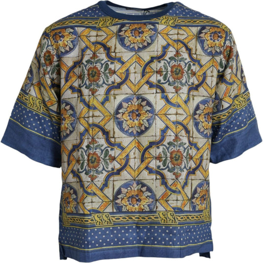 Dolce & Gabbana Multicolor Majolica Linen Short Sleeve T-shirt Dolce & Gabbana