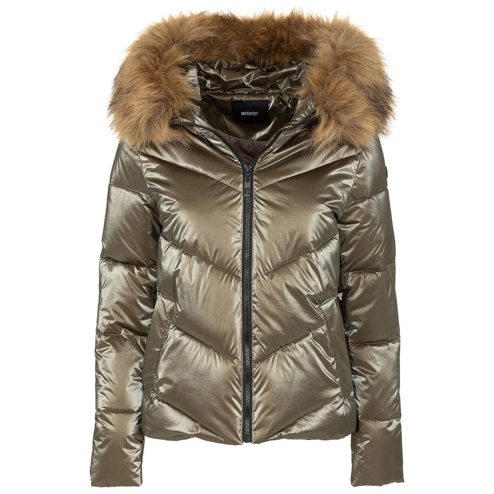 Imperfect Eco-Fur Hooded Down Jacket in Brown Imperfect