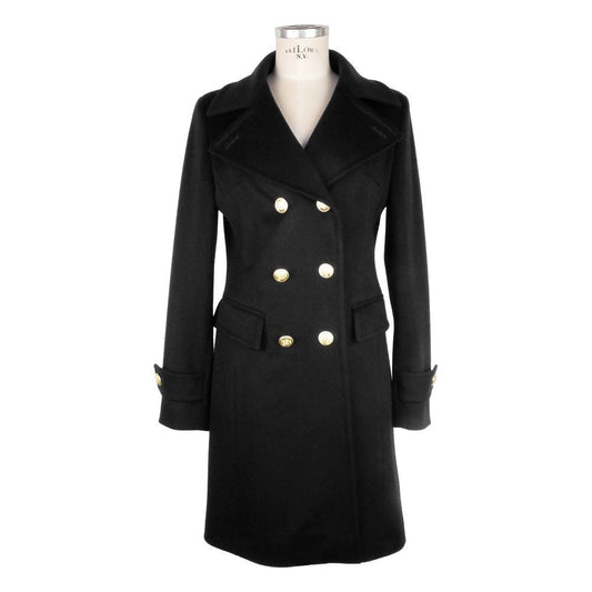 Made in Italy Elegant Black Woolen Coat with Gold Buttons Made in Italy