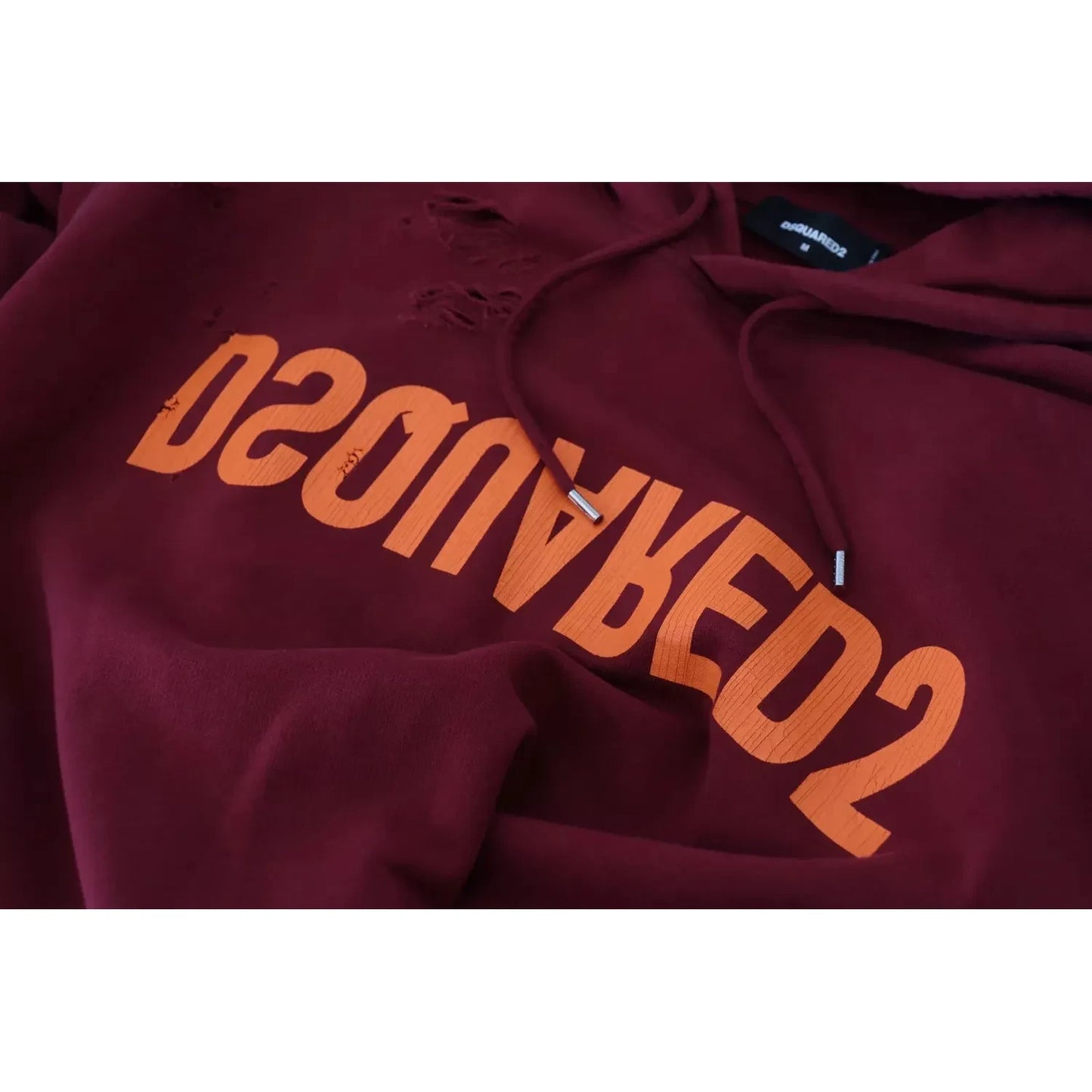 Dsquared² Maroon Cotton Tattered Hooded Printed Pullover Sweater Dsquared²