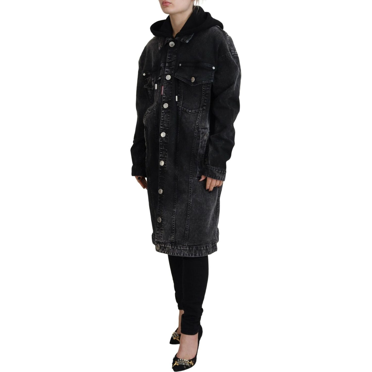 Dsquared² Black Washed Hooded Women Long Denim Blazer Jacket Dsquared²